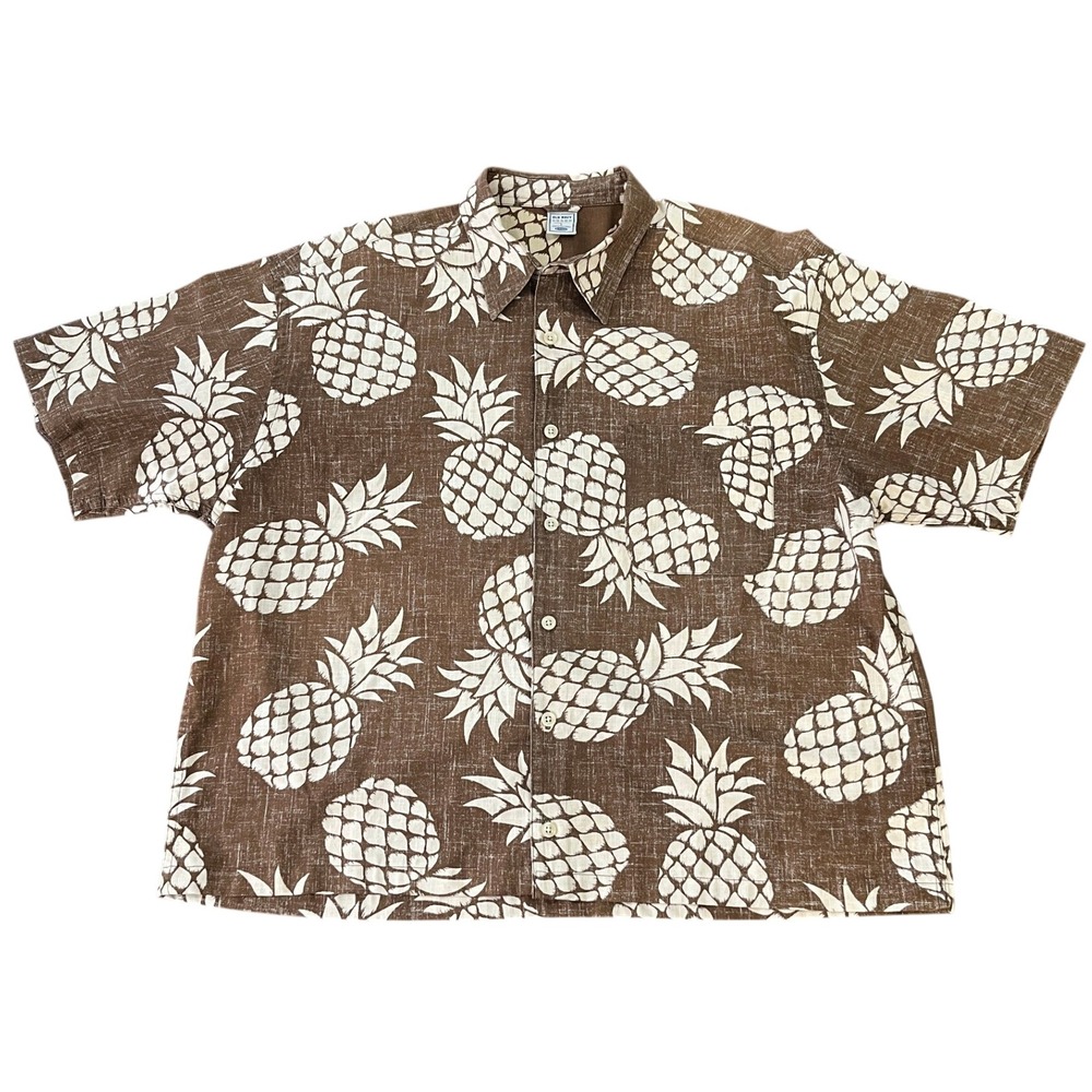 Old Navy Men's Large Brown Pineapple Print Cotton Short Sleeve Button Down L‎